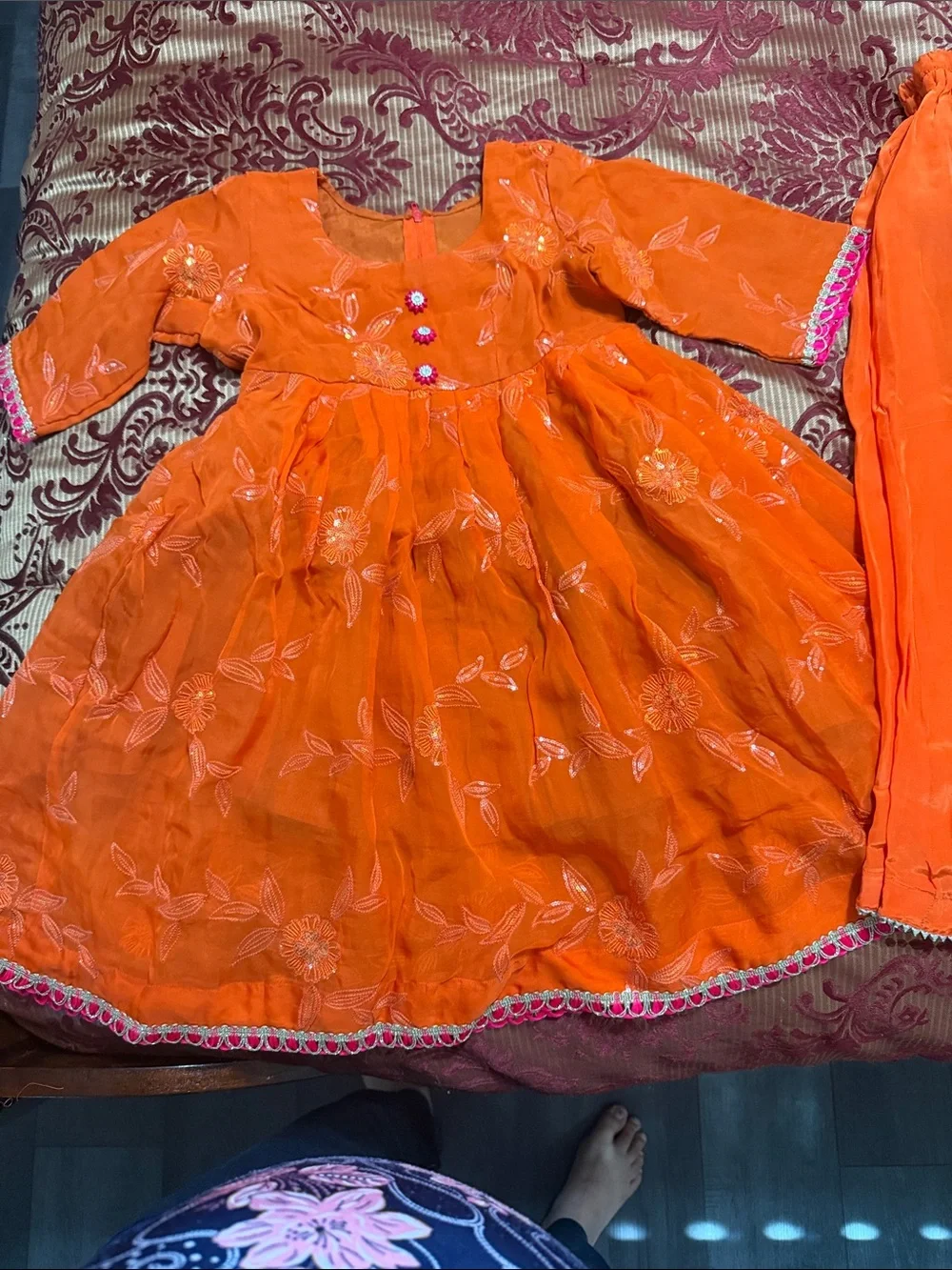 Girls Orange Embroidered Party Costume Dress